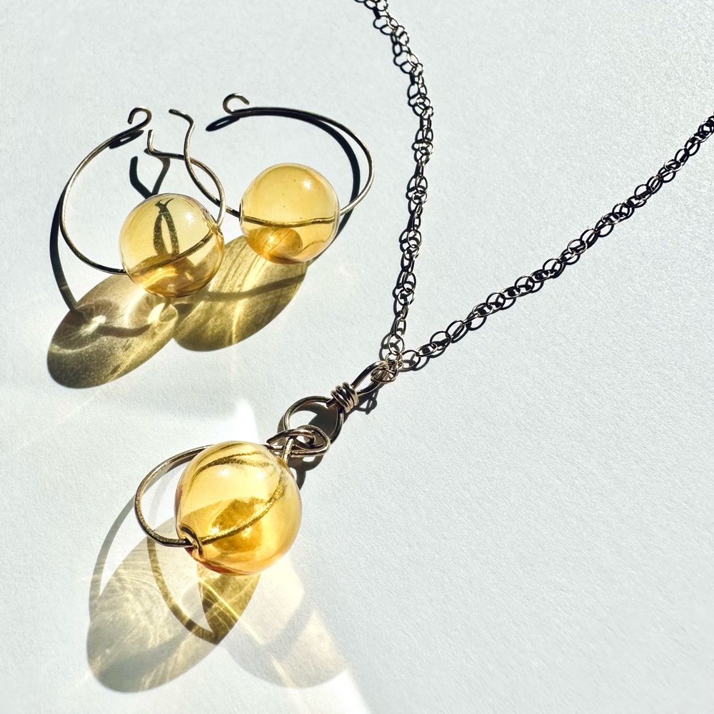SUN DROP ORB GLASS SPHERE NECKLACE AND HOOP ENSEMBLE